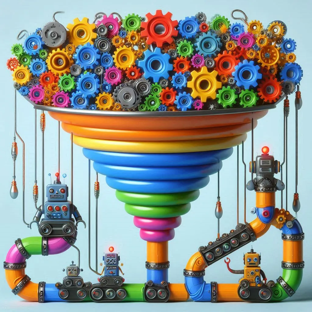 Illustration of a sales funnel with automation gears.
