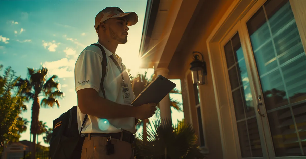 Soligo solar sales professional in business casual presenting at luxury Florida home entrance during golden hour.