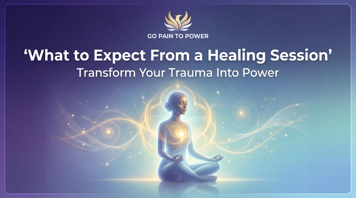 A woman in a peaceful meditative state with glowing golden energy lines swirling around her, representing a healing session for trauma and emotional pain.