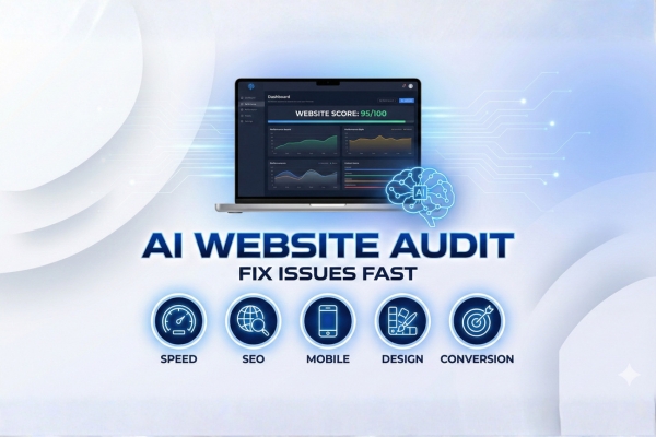 AI website audit report showing website score, speed, and SEO insights