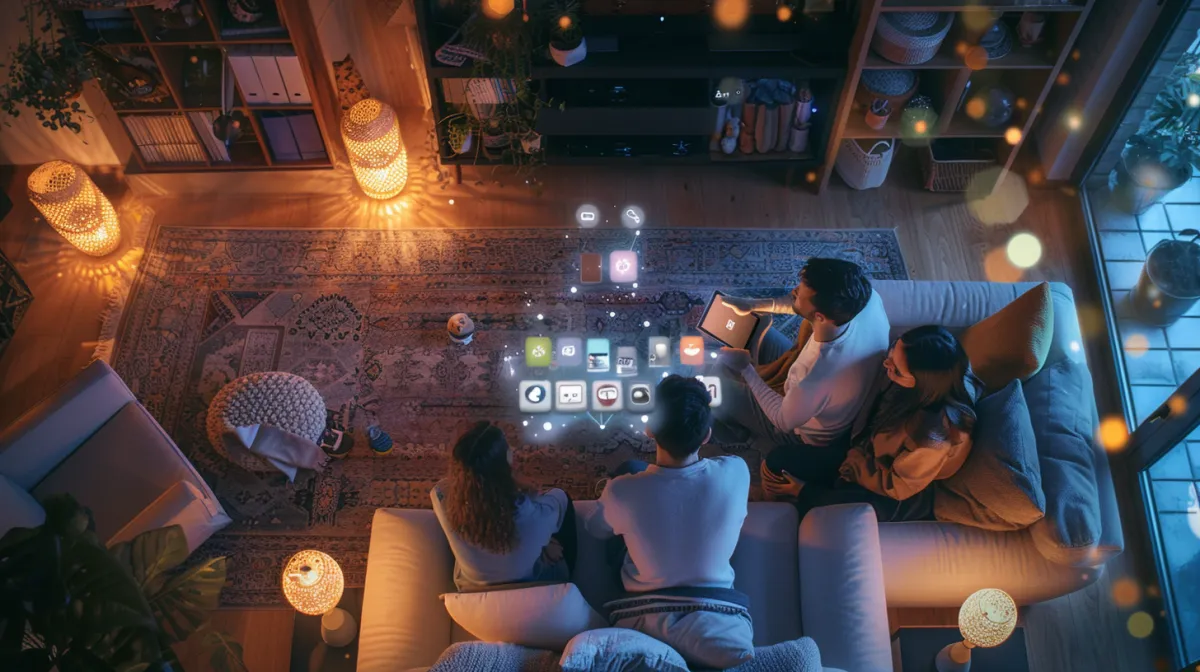 A modern family gathered around a sleek digital tablet, surrounded by icons of calendars, to-do lists, and communication apps, in a cozy living room setting, highlighting seamless technology integration in daily life.