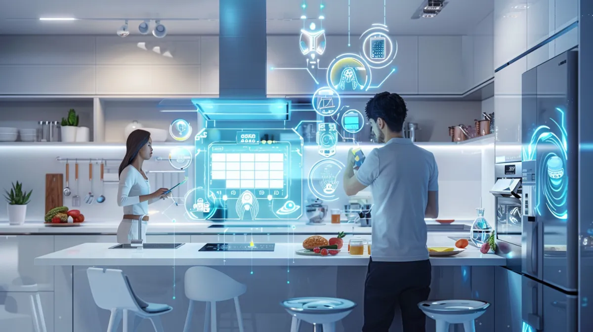 Futuristic kitchen with holographic family calendar, robot assistant organizing schedules, smart appliances syncing with planner, family members interacting with AI interfaces, colorful task icons floating in air.