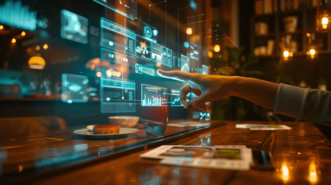 A smartphone casts a soft blue glow on a wooden dining table, displaying multiple calendar screens floating above its surface through holographic projection. A young mother's hand gestures through the translucent displays, while family photos, menu items, and venue options hover in organized clusters. Warm evening light streams through nearby windows, highlighting scattered paper invitations and a tablet showing guest RSVPs