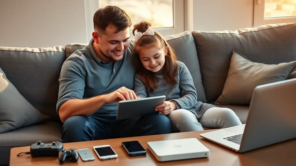 A father and one young daughter sit together on a gray couch, illuminated by soft window light. His hand gently guides hers on a tablet screen while maintaining eye contact, teaching a safety lesson. A collection of devices - smartphones, gaming console, and laptop - rest on the coffee table. The scene captures warmth through golden afternoon sunlight and natural expressions.