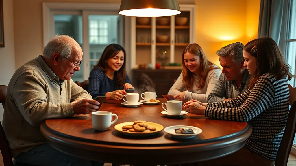 Multigenerational family gathered around a table, enjoying cookies and coffee while engaging in meaningful conversation, showcasing family bonding and togetherness in a warm and cozy home setting.