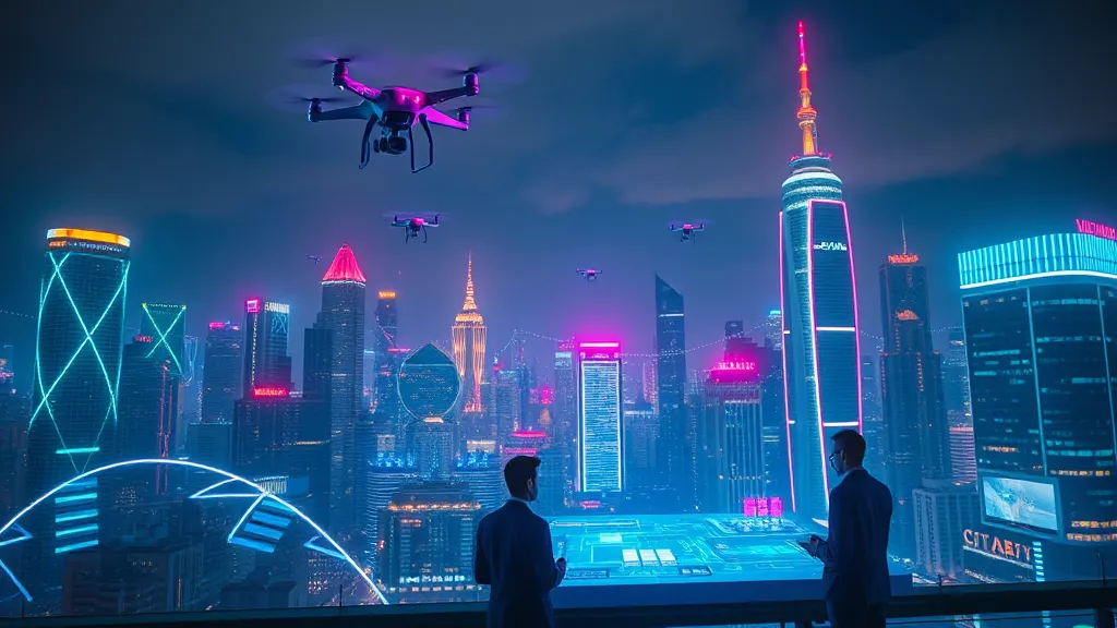 A futuristic cityscape at night with glowing neon lights, featuring drones and AI holograms in the sky, professionals working on a holographic interface in the foreground, dramatic cinematic lighting, vibrant colors, sense of innovation and teamwork