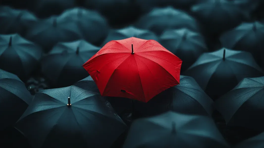 A vibrant red umbrella in the middle of a sea of black umbrellas, cinematic lighting, high contrast, shallow depth of field, moody atmosphere, rich color grading, dramatic spotlight effect