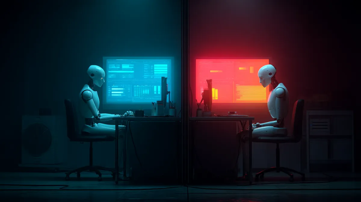 A cinematic overhead shot of two futuristic AI robots sitting at desks across from each other in a dimly lit tech lab, glowing neon blue and red lights illuminating their faces, multiple screens behind them showing data comparisons and code, with one robot’s screen glowing brighter--symbolizing the winner, ultra photo-realistic, shot with a 50mm lens, moody color grading