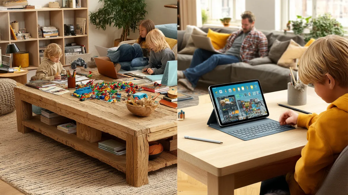 A split-screen image showing two homes: on the left, a 2020 chaotic living room with kids doing Zoom school, parents working on laptops, toys everywhere, dim lighting; on the right, a 2025 modern hybrid learning space, child calmly studying with AI tablet, parents relaxed, sleek furniture, soft morning sunlight, cinematic color grading, 35mm lens, filmic tones