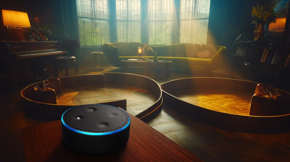 Interior of a smart home at dusk, Alexa device initiating a "dinner routine" with lights dimming, smart blinds closing, and music playing, mid-century modern interior, atmospheric lighting with visible light pools, 50mm lens framing, cinematic home automation storytelling