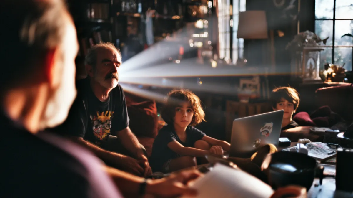A multigenerational family in a sunlit living room, surrounded by cozy clutter and digital devices, looking peaceful while a subtle, glowing AI interface hovers in the background -- cinematic lighting, shallow depth of field, warm tones, photo-realistic, lifestyle photography, Canon RF 50mm f/1.2, Kodak Portra 400 film style