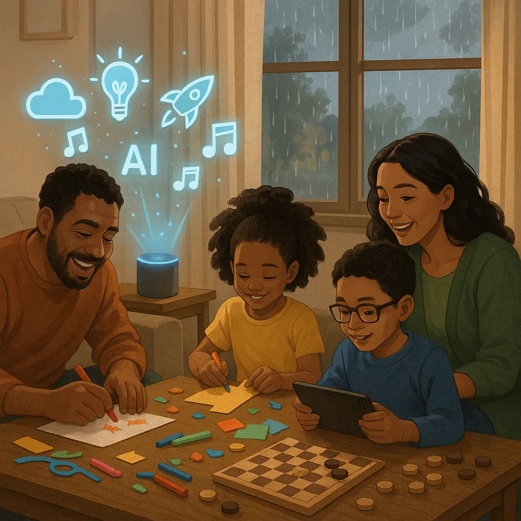 A cozy, modern living room scene on a rainy day, with soft natural light through a window, a family of diverse ages gathered around a coffee table covered with craft supplies, board games, and digital devices—an AI-assisted smart speaker glowing in the background. The mood is playful and collaborative, with parents and children engaged in creative activities, and subtle digital overlays suggesting imaginative ideas floating from the smart device.