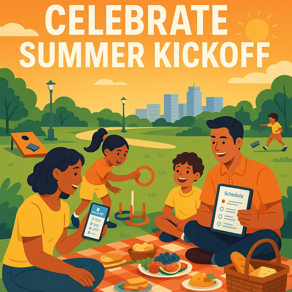 Illustration of a family celebrating Memorial Day weekend in a park with a picnic, kids playing games, and parents holding digital schedules for a summer kickoff event.