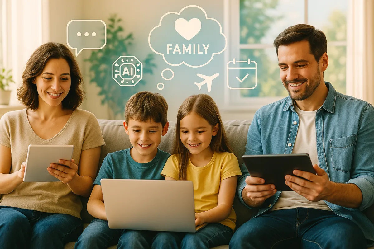 A smiling family of four using digital devices together on a couch, surrounded by AI-related icons like a heart labeled "Family," calendar, airplane, and chatbot symbols — illustrating the concept of using AI tools for parenting and family planning.