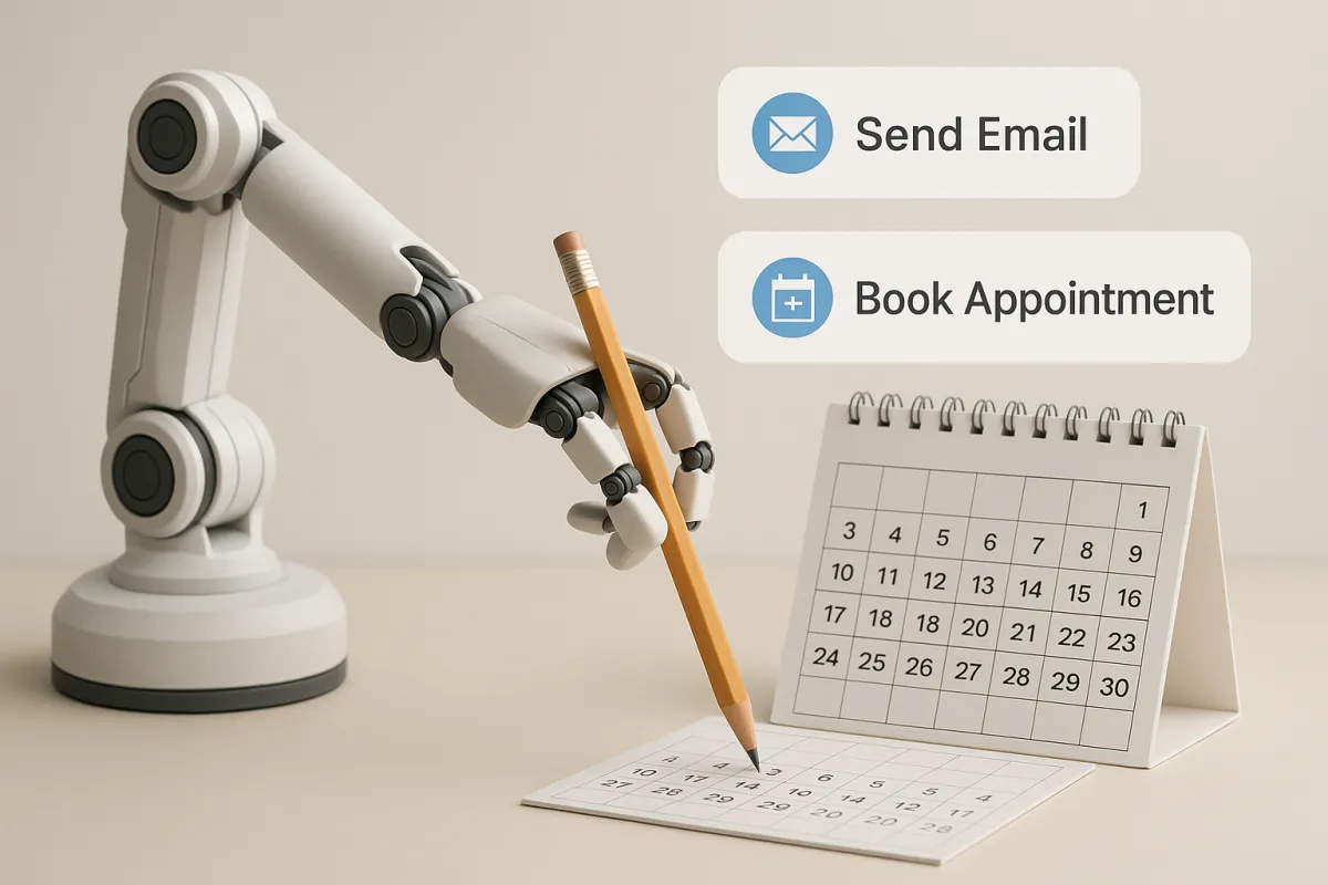A robotic arm holding a pencil writes on a desk calendar, with digital icons for “Send Email” and “Book Appointment” floating above—symbolizing AI-assisted scheduling and automation.
