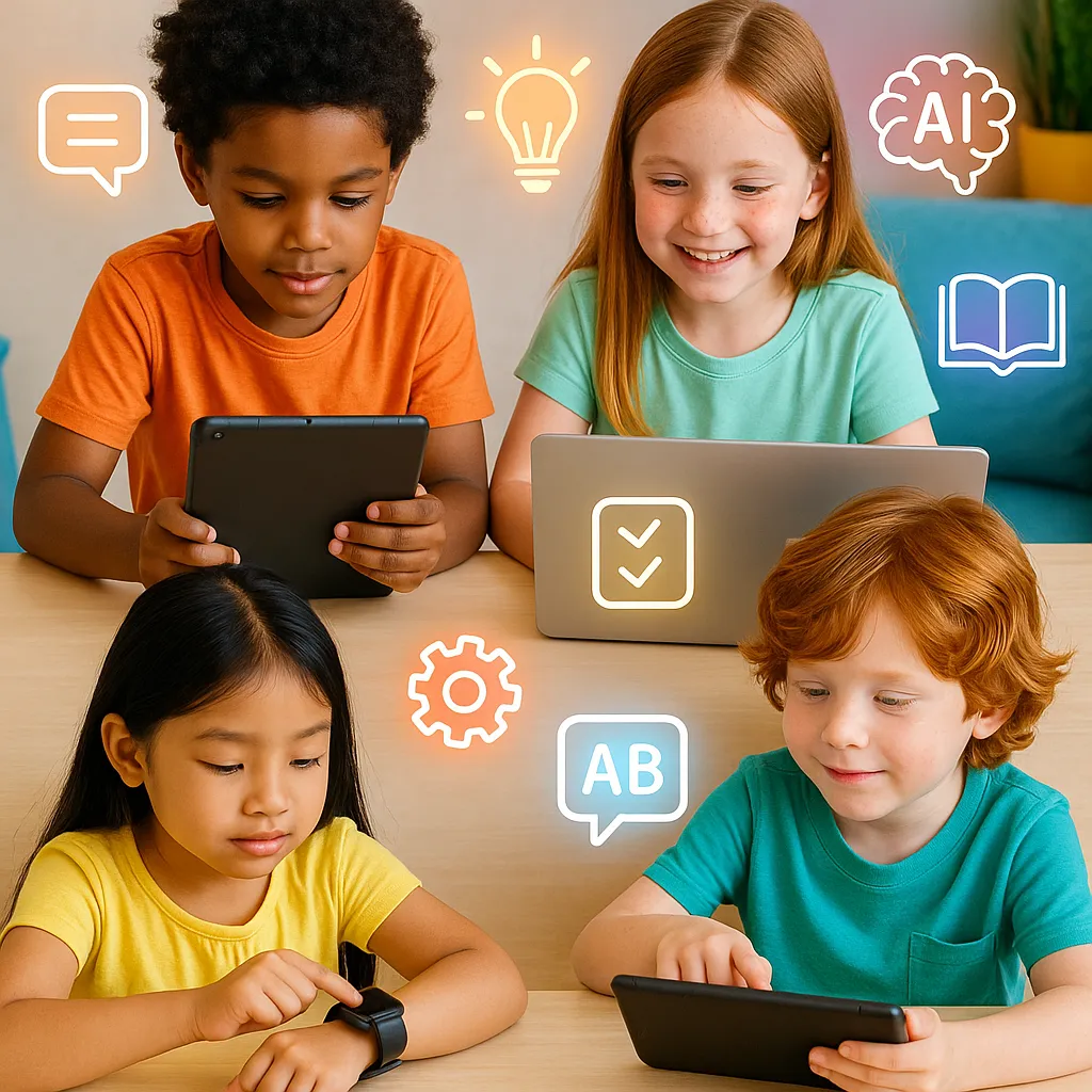 Four neurodiverse children using AI-powered devices including tablets, a laptop, and a smartwatch in a classroom setting, with colorful AI, education, and learning icons representing focus, communication, and personalized support tools.