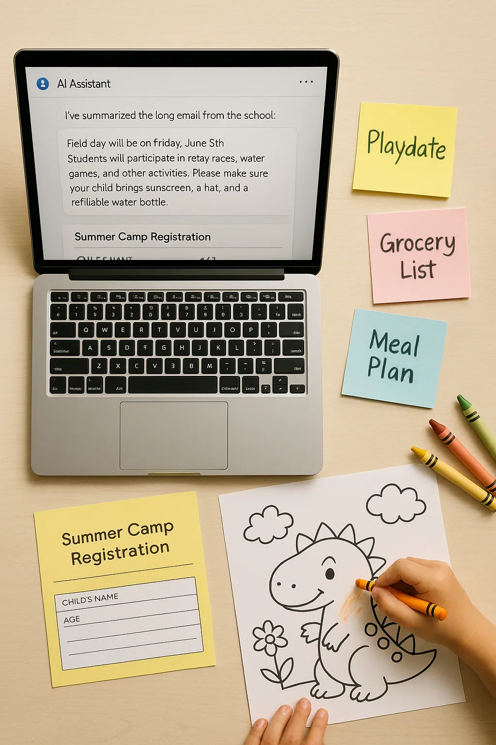 Flat lay of a parenting workspace featuring a laptop with an AI assistant summarizing a school email, surrounded by colorful sticky notes labeled “Playdate,” “Grocery List,” and “Meal Plan.” A child’s hand colors a dinosaur sheet next to a summer camp registration form, symbolizing how AI tools like ChatGPT and Gemini help busy parents manage summer chaos.