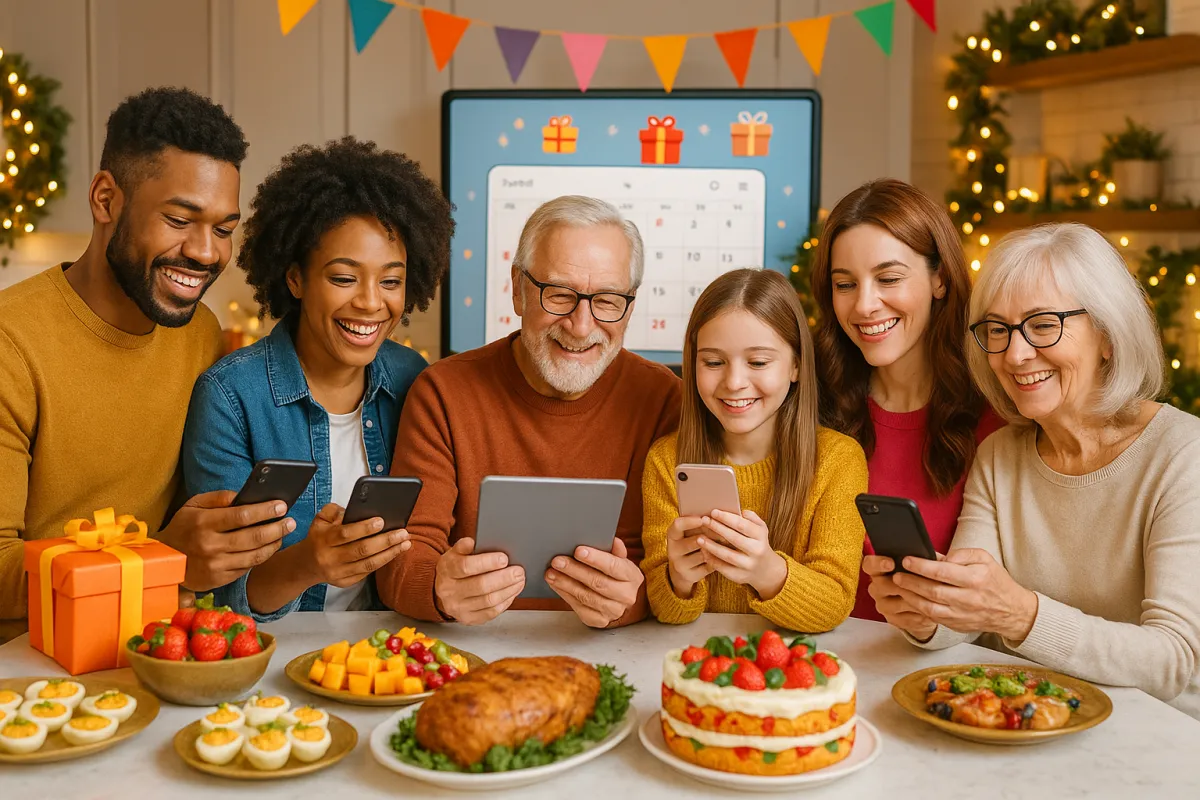 Happy multi-generational family enjoying a festive outdoor meal, smiling and celebrating together, illustrating stress-free special occasions enhanced by smart AI planning tools.