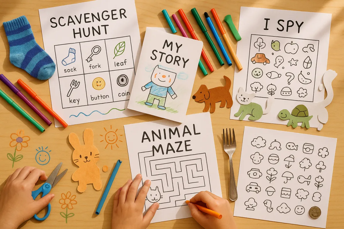 An overhead flat shot of indoor activity ideas for kids to do during a heatwave. Pages include "Scavenger Hunt" "My Story" "Animal Maze" "I Spy" and other kids activities with crayons, scissors, and colored pencils nearby as hands reach for various items.