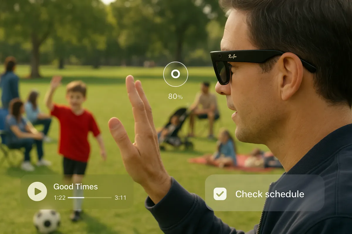 A father wearing Meta Ray-Ban smart glasses waves to his child at a soccer field, with smart interface icons displaying music playback and a schedule check, highlighting hands-free parenting technology.