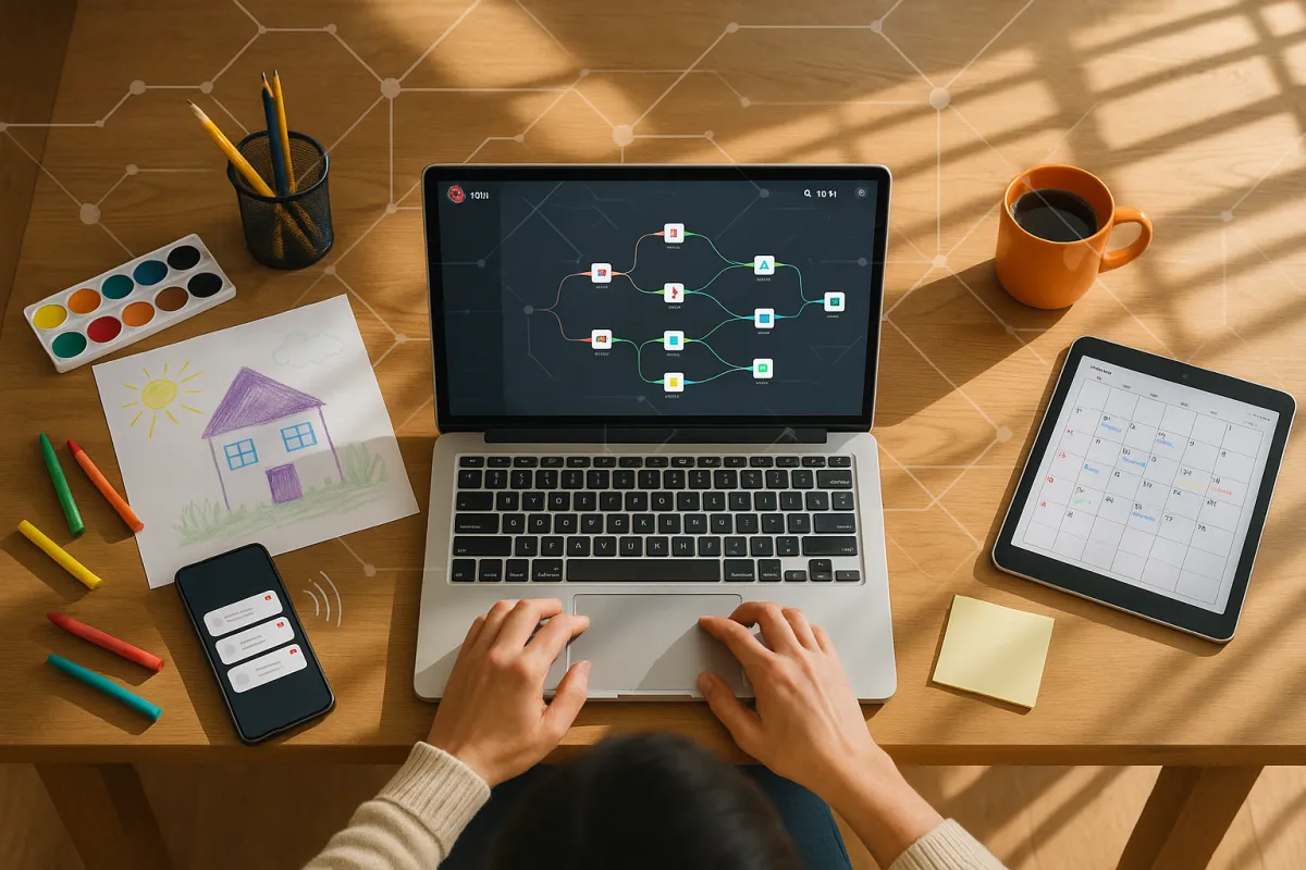 A top-down view of a work-from-home setup featuring a laptop displaying an n8n workflow, a tablet showing a calendar, and a smartphone with notifications, alongside children's art supplies and a drawing, highlighting productivity automation for home-based parents and entrepreneurs.