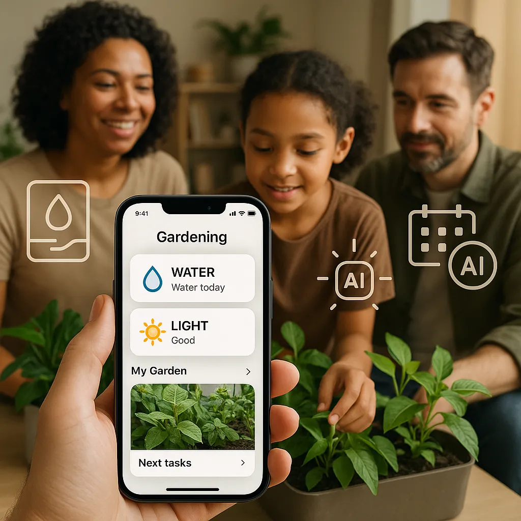 A smiling family interacting with their indoor garden, guided by an AI-powered gardening app displayed on a smartphone. The app screen shows water and lighting conditions, making home gardening easy and enjoyable.
