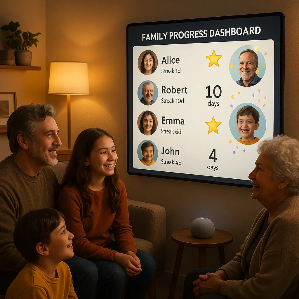 A smiling family sits together in a cozy living room, looking at a large wall-mounted “Family Progress Dashboard” displaying goal streaks and achievements for each member, tracked with smart home technology.