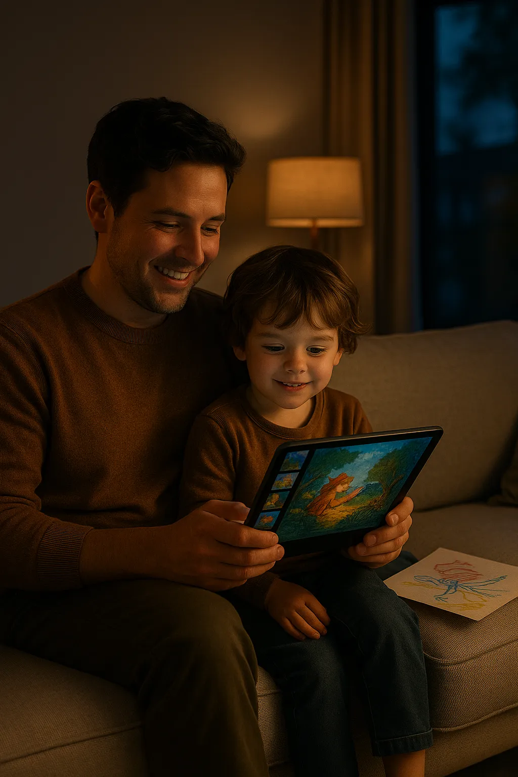 Smiling father and young son sitting on a couch using a tablet to read an illustrated bedtime story, with a colorful crayon drawing beside them.