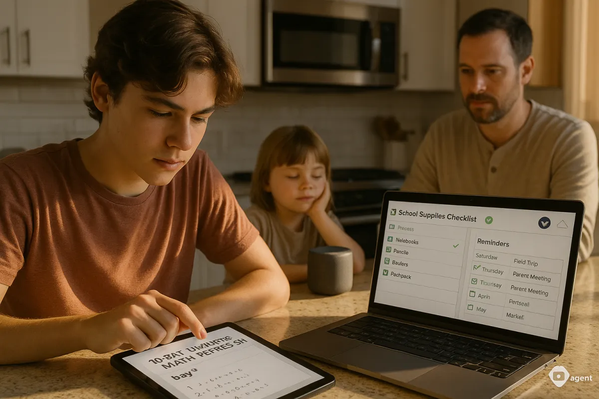 A teenage boy uses a tablet displaying a math refresh schedule while sitting at a kitchen counter. Beside him, a laptop shows a school supplies checklist and reminders. A younger child and an adult sit in the background.