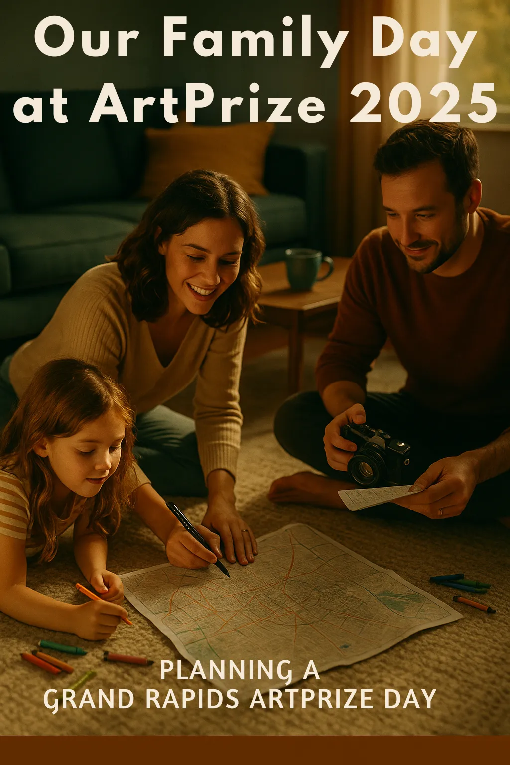 Parents and a child sitting on the living room floor planning their ArtPrize 2025 day with crayons, a map, and a camera, overlaid with the text “Our Family Day at ArtPrize 2025 – Planning a Grand Rapids ArtPrize Day.”