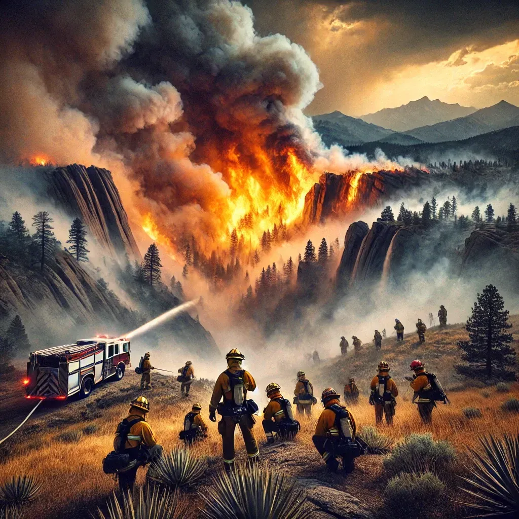 Firefighters battling a wildfire in Colorado with smoke and flames in the background