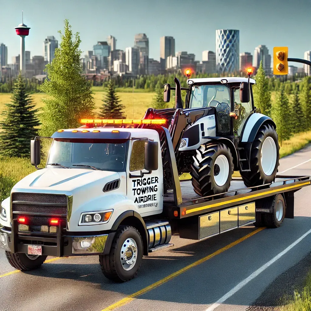 Flatbed tow truck transporting a heavy-duty vehicle in Airdrie, Alberta, with emergency lights on and a city view in the background.