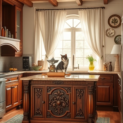 A cozy kitchen scene highlighting the theme of kitchen remodeling, featuring rich wooden cabinetry with ornate High Renaissance details. The central focus is a large island with intricately carved fruit and floral designs. Vintage kitchen gadgets, including an ornate scale and a spice rack filled with jars, enhance the professional atmosphere. A playful cat sits on the counter, pawing at a rolling pin, adding charm. The background includes a large window with billowing curtains, allowing soft, diffused light to illuminate the deep mahogany and warm cream colors, accented by sage green and soft gold. Decorative elements like potted herbs and a wall adorned with ornate rustic plates provide depth, creating a harmonious blend of functionality and elegance. This inviting kitchen inspires creativity and warmth, encouraging viewers to dream of their own remodeling projects.