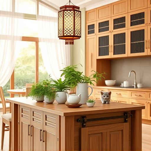 A modern kitchen remodel featuring sleek countertops and contemporary cabinetry. The vibrant backsplash displays intricate Pre-Columbian-inspired geometric patterns in earthy tones. Playful ceramic kitchenware with whimsical designs replaces human figures, arranged in a lively gathering. The warm and inviting tone blends creativity and sophistication, encouraging joy in cooking. Lush greenery is visible through large windows, merging indoor and outdoor elements, while natural wood accents integrate with the Pre-Columbian palette. Soft golden light enhances the textures and colors, creating a harmonious and engaging atmosphere.