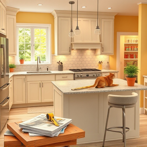A hyperrealistic cover image of a stylish kitchen featuring 600mm walnut veneer cabinets that shine under warm lighting, creating an inviting atmosphere. The counters display vibrant green potted herbs, adding freshness. In the background, a beautifully tiled backsplash in sage and cream provides an elegant contrast. The scene is cheerful and creative, highlighted by quirky details such as a playful ceramic owl on a cabinet and colorful spices in unique glass jars. A vintage mixer and an open cookbook complete the setup, inviting culinary exploration. The overall warm and homely environment evokes comfort and inspiration, ideal for kitchen design or cooking blogs, with a rich color palette of deep browns, vibrant greens, and earthy tones.