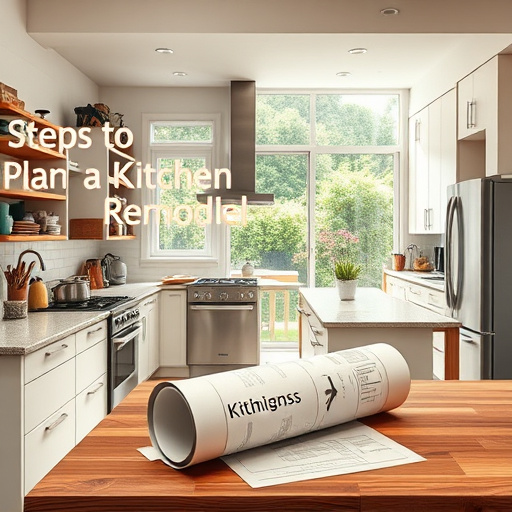 Alt text: A captivating blog cover image illustrating "Steps to Plan a Kitchen Remodel." The scene is split, showcasing the transformation from an outdated, cluttered kitchen with faded appliances to a modern, sleek kitchen design featuring clean lines, stainless steel appliances, and an inviting island. Details include paint swatches, tile samples, and a rolled-up blueprint on the counter, contrasting the two styles. A quirky, melting wall clock adds a whimsical touch, symbolizing the planning process, while the background offers an open view of a sunny garden, creating a fresh and airy atmosphere. The artwork is in Social Realism style, emphasizing textures with a warm, earthy color palette accented by vibrant hues, encouraging creativity and comfort in kitchen remodeling.