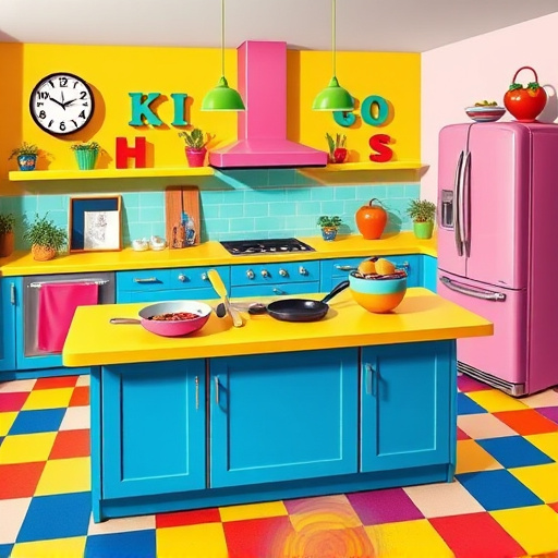 A photorealistic depiction of a luxurious kitchen featuring elegant mahogany cabinets with intricate carvings that extend to the 8-foot ceiling. The kitchen is illuminated by warm pendant lights above a spacious island with glossy white marble countertops, creating a striking contrast with the dark wood. A playful pair of vintage salt and pepper shakers shaped like dancing penguins accompany a vibrant fruit bowl filled with colorful citrus fruits. The backsplash showcases intricate teal tiles that complement the fruits, adding a lively touch. The rustic wooden floor exudes warmth, while a large window allows soft, natural light to filter in, enhancing the calm and welcoming ambiance. The overall aesthetic blends sophistication with a playful spirit, highlighted by a color palette of deep browns, soft whites, and bright accents.