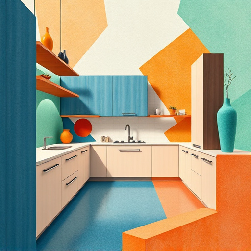 Alt Text: A cozy folk art kitchen filled with beautifully crafted cabinets, each featuring unique hand-painted floral designs and playful motifs in warm colors of deep red, soft yellow, and calming green. A whimsical cat rests on a wooden counter surrounded by colorful kitchen utensils and vibrant potted herbs, adding personality to the scene. A sunlit garden is visible through a quaint window, with whimsical birds in the background. Rustic wooden walls are decorated with quirky art pieces, including a whimsical clock shaped like a whisk, all rendered in a rich, textured folk art style, embodying creativity and warmth in home decor.