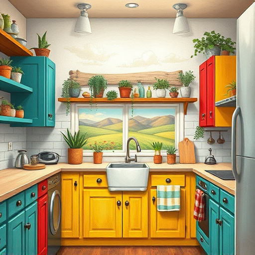 A spacious modern kitchen featuring 400mm deep cabinets in a soft matte creamy beige finish, complemented by sleek brushed brass handles. Inside, organized shelves display glass jars filled with spices, colorful ceramic bowls, and vintage cookbooks. Natural light floods the space through a large window, highlighting a polished wooden countertop adorned with small terracotta pots of fresh herbs and a rustic chopping board with chopped vegetables. The warm and inviting atmosphere is enhanced by whimsical wall illustrations of kitchen utensils, while a soft color palette of earthy tones and pastel greens creates a serene and stylish environment, perfect for culinary creativity.