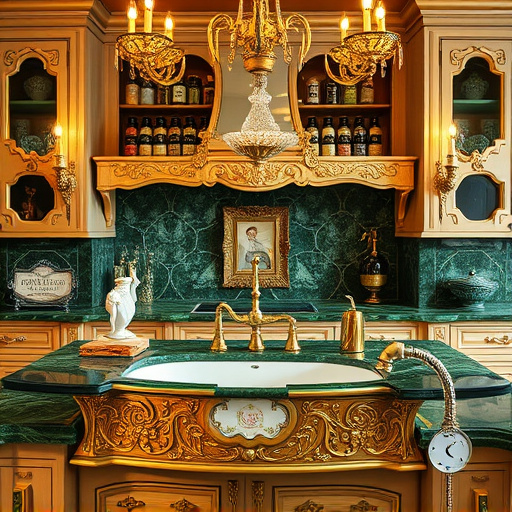 A captivating cover image for a kitchen remodeling blog, showcasing an elegantly designed kitchen that blends traditional Renaissance aesthetics with modern functionality. The scene features rich wooden cabinetry with intricate carvings and gleaming marble countertops illuminated by soft, ambient lighting. Whimsical elements highlight the space, including a vintage clock with oversized hands, a cheeky cat peeking from behind a potted herb plant, and colorful spices displayed in antique jars. The earthy color palette combines deep greens and browns with gold and soft cream accents, fostering a calm and inviting atmosphere. An open window reveals a serene garden view with vibrant flowers and greenery, enhancing the connection to nature in the culinary space. This image evokes nostalgia while emphasizing modern comforts in kitchen design, appealing to readers interested in home improvement and interior design.