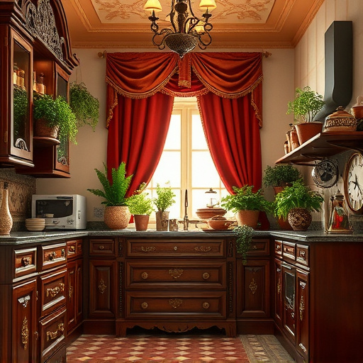 A warm and inviting fall-inspired kitchen filled with rich autumnal hues of deep oranges, soft browns, and golden yellows. The rustic wooden kitchen table serves as the focal point, adorned with colorful pumpkins, acorns, and a basket of freshly harvested apples, casting gentle shadows. An open vintage recipe book showcases handwritten notes and faded pages, surrounded by scattered cinnamon sticks and star anise, suggesting upcoming delicious meals. Soft golden sunlight streams through a window, illuminating hanging dried herbs and the warm texture of wooden cabinets, creating a cozy atmosphere. The background offers a hint of a picturesque landscape with trees in vibrant fall colors visible outside. The overall mood is calm and homely, evoking the simple pleasures of the season, with a harmonious color palette of earth tones and vibrant fall shades that inspire a connection to seasonal cooking and gathering.