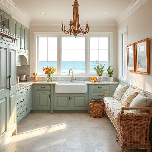 Alt text: A beautifully designed kitchen showcasing a blend of vintage and modern styles, featuring sleek navy blue cabinets with brass handles illuminated by natural light from a large window with sheer white curtains. The rustic wooden countertop holds vibrant green herbs in small pots and a colorful bowl of fruits, alongside a steaming cup of coffee, creating a cozy atmosphere. Charming details include whimsical chef hat wall art and playful magnets on the refrigerator, enhancing the inviting mood of home cooking and family gatherings. The scene is captured in photorealism with a soft, earthy color palette of warm neutrals, deep blues, and vibrant greens.