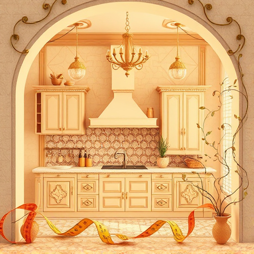 A beautifully designed kitchen measuring 4m x 5m, blending modern elegance with rustic charm. The centerpiece is a spacious wooden island adorned with vibrant fresh produce, artisanal bread, and a gleaming vase of sunflowers. High-end stainless steel appliances catch the sunlight coming through large windows dressed with delicate sheer curtains. Cabinets in deep navy and warm oak enhance the space, while open shelving showcases vintage crockery and quirky kitchen gadgets. Small potted herbs add freshness to the windowsill, and patterned ceramic tiles cover the floor, contrasting with the polished surfaces of the counters. In the background, a cozy dining area features a rustic wooden table set for brunch with mismatched chairs, conveying a homey atmosphere. The soft lighting filters through the windows, creating gentle shadows that highlight textures. The color palette, consisting of warm earth tones, soft blues, and vibrant produce, creates a calm and inviting mood, embodying a lifestyle of culinary inspiration.