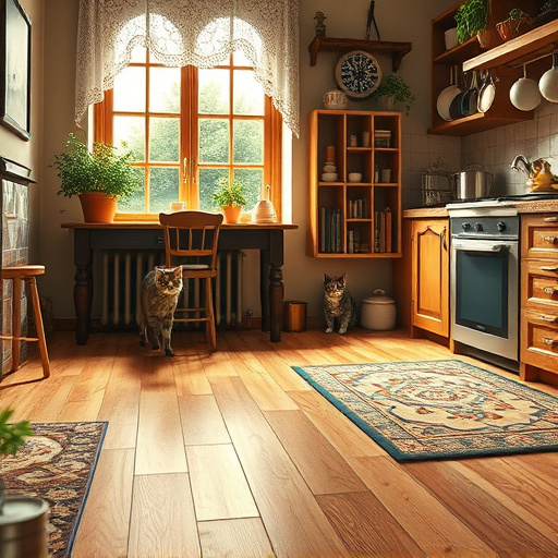 Alt text: "A beautifully illustrated galley kitchen remodel in a fluid Chinese Brush Painting style, featuring sweeping strokes that showcase sleek modern design. Deep teal and warm wood cabinets shine under soft, natural light from a bamboo window. An antique decorative stove serves as the centerpiece, surrounded by fresh herbs in handcrafted ceramic pots. A playful cat peeks from behind colorful artisanal dishware, adding personality. The background reveals a dreamy garden with cherry blossom branches, merging nature with modernity. The overall color palette includes subdued greens, soft pinks, and earthy browns, creating a peaceful and inviting atmosphere."