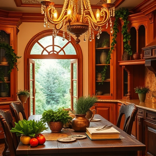 Cozy kitchen design under a winding staircase featuring sleek modern and rustic elements. A round wooden table with a vibrant fruit bowl filled with colorful apples and oranges sits at the center, alongside a quirky ceramic jug spilling fresh herbs. A small basil plant emerges from a shelf filled with handmade pottery and whimsical dishware. The walls are painted in soft pastel hues, while a small arched window above the sink allows gentle light to filter in, casting playful shadows on the charming tiled backsplash. The atmosphere combines playfulness and sophistication, perfect for culinary creativity, inviting relaxation with a cup of tea. Impressionist style captures the warmth through soft brush strokes, highlighting the texture of the wooden staircase above. The palette includes warm earth tones and light creams, accented by vibrant fruits and flowers, creating an energetic yet tranquil kitchen space ideal for innovative small-space living or DIY home design blogs.
