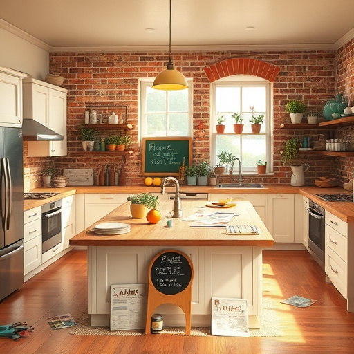 A vibrant 3D-rendered kitchen design in the Abstract Expressionism style, showcasing a dynamic blend of colors. The modern kitchen features bold geometric shapes and fluid lines, with shimmering teal and mustard yellow countertops that promote warmth and creativity. Deep rust and warm white cabinets create a striking balance, enhancing the inspiring atmosphere. Varied textures including glossy, matte, and metallic accents reflect imaginative flair, while abstract sculpture-like lighting fixtures cast playful shadows across the space. Whimsical elements such as floating herbs, oversized utensils on the wall, and splashes of bright colors mimic paint splatters, adding energy to the design. The airy background includes an open window revealing an abstract sunlit garden with oversized vegetables, celebrating culinary freedom. The overall color palette transitions from warm yellows and oranges to cool blues and greens, embodying innovation and creativity in kitchen design.