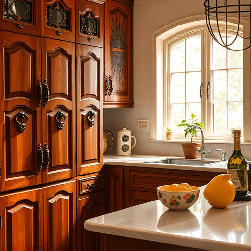 A vibrant kitchen scene showcasing a modern yet cozy design with sleek cabinetry and an elegant island topped with fresh fruits. Colorful kitchen gadgets are playfully scattered on the countertops. The walls are painted in warm earth tones, enhanced by delicate herbs hanging from a wooden rack above a charming window, allowing soft natural light to illuminate the space. The atmosphere is calm and welcoming, ideal for inspiring home cooks and design enthusiasts. Quirky elements include a whimsical smiley-faced teapot on the stove and mismatched dining chairs, each with its own story. In the background, thriving houseplants on a shelf add a lived-in feel, harmonizing with the soft greens, warm yellows, and rustic browns of the color palette. This social realism artwork perfectly embodies comfort and creativity, making it suitable for a blog cover about kitchen design innovations and ideas.