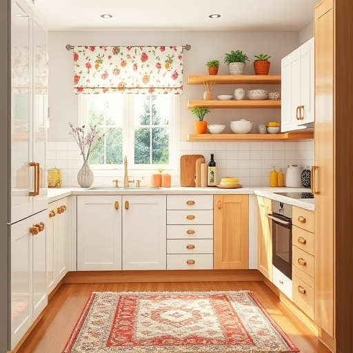 A stunning quartz countertop takes center stage in an inviting kitchen, featuring a subtle marbling effect in soft whites and grays. Warm golden light streams through a large window with sheer curtains, illuminating a countertop adorned with vibrant fruits, including bright oranges, deep red apples, and green grapes. To the right, a rich wood cutting board displays freshly chopped herbs and a shiny knife, suggesting culinary creativity. Stylish cabinetry in warm wood tones complements the quartz, while a sleek minimalist backsplash adds sophistication. Quirky details include a cat-shaped kitchen timer and a vintage cookbook propped open, enhancing the scene's charm. The overall composition captures the essence of a contemporary kitchen, blending modern elegance with functionality in a serene and inviting atmosphere.
