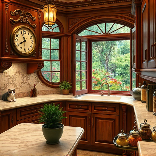 A vibrant kitchen scene featuring an intricately designed wooden table filled with colorful spices, grains, and traditional cooking utensils showcasing ‘Traditional African Art’ style. Above, a beautifully woven basket hangs, overflowing with a variety of fruits and vegetables. The walls display hand-painted murals of serene rural landscapes, while patterned tiles in oranges, reds, and earthy tones mirror the colors of a sunset. The atmosphere is warm and inviting, fostering creativity in cooking. Playful elements include a cheeky monkey peeking from behind a pot and whimsical birds perched by the window. Natural light floods the space, highlighting the cheerful decor and emphasizing the blend of functionality and artistry. This composition captures the essence of warmth, community, and joy in culinary arts within a culturally rich environment.