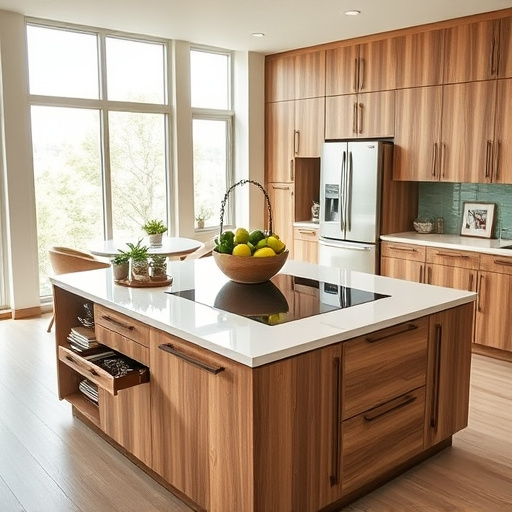 Alt text: "A vibrant and intricate cozy kitchen filled with 60 uniquely designed kitchen cabinets styled in Aboriginal art. Each cabinet showcases swirling patterns and dot motifs in warm earth tones like deep reds, ochres, and rich greens, creating a playful and inviting atmosphere. Whimsical details include a colorful fruit bowl with abstract fruits, an ornate spice rack resembling a totem, and a kettle on the counter symbolizing community warmth. In the background, a window reveals an enchanting garden with dot-style plants and flowers, blending nature with the interior. The scene emphasizes the spirit of gathering and creativity, making it an inspiring portrayal of kitchen organization and design influenced by cultural artistry."